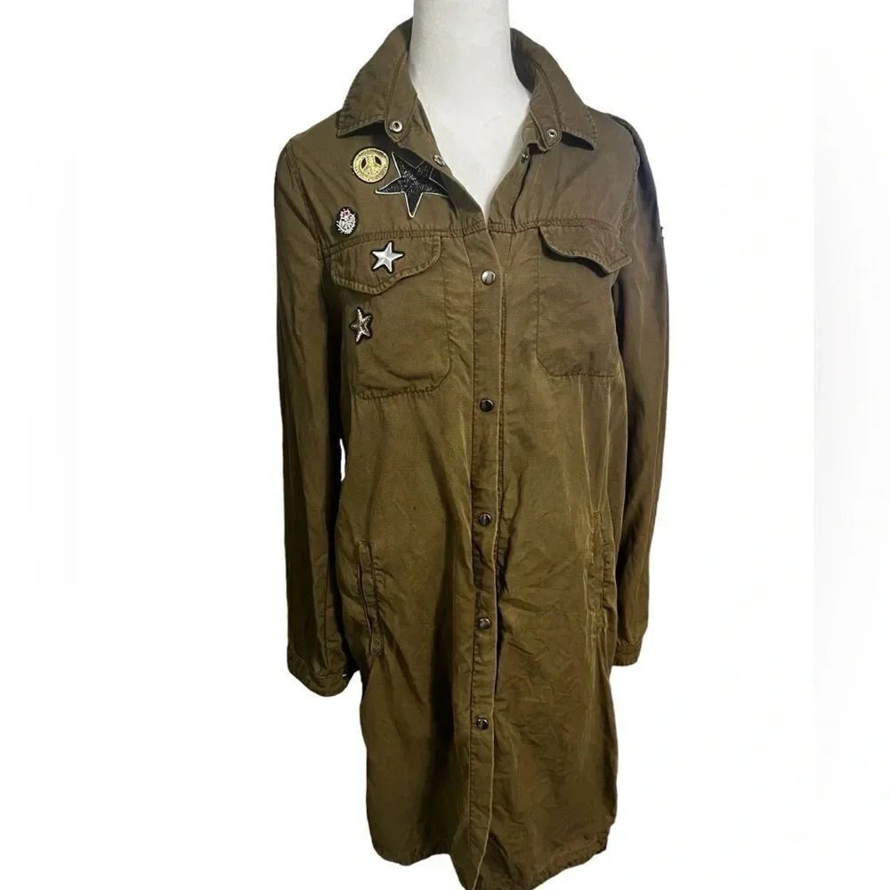 Zara Olive Army Green Patch Long Duster Jacket medium - Picture 2 of 15